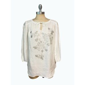 Magaschoni White Linen Designer Tunic Top Beaded front 4 Small